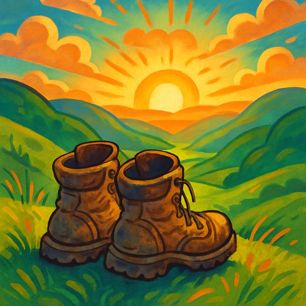 A pair of hiking boots with side laces sat in grass in front of rolling hills and an orange sun.