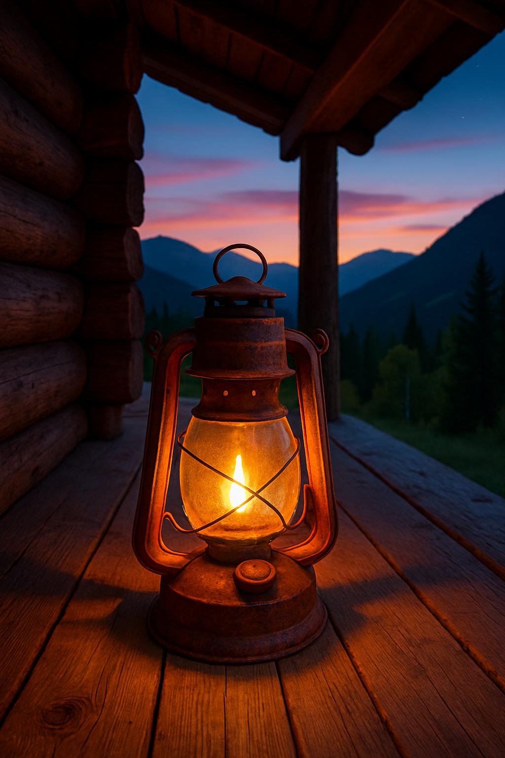 An old-fashioned lantern with a lit candle sits on a cabin porch, casting a warm glow against a backdrop of a breathtaking...