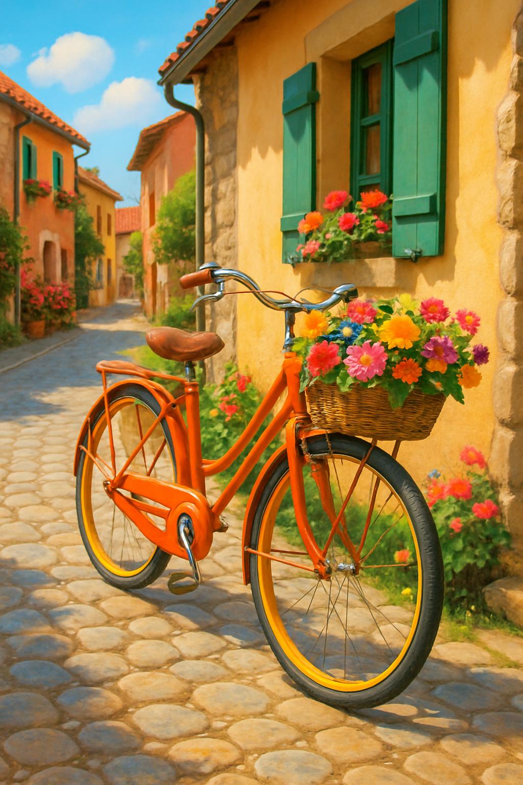 An orange bicycle with a basket of colorful flowers leaning against a house in a quaint Italian village.