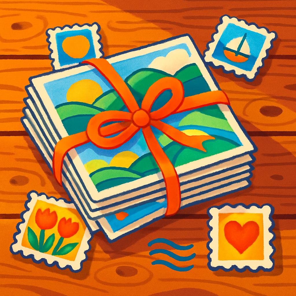Stack of colorful polaroid pictures with landscape backdrops and orange bow, leaning against wood background with addition...