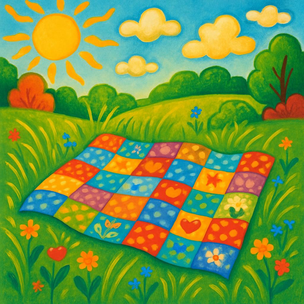 A vibrant outdoor field scene, a checkered blanket is spread on the green grass with colorful tiles, surrounded by flowers...