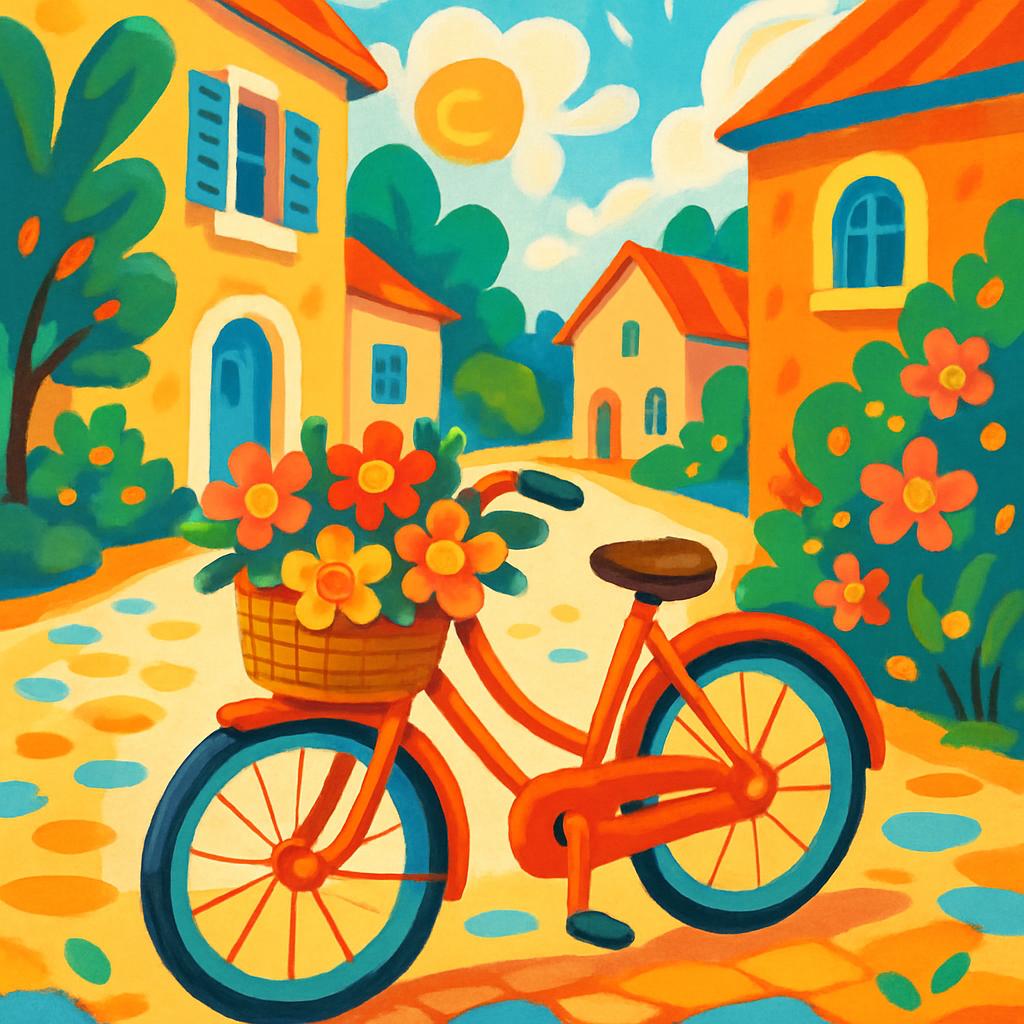 A colorful village scene with a bicycle in foreground, decorated with orange and yellow flowers.