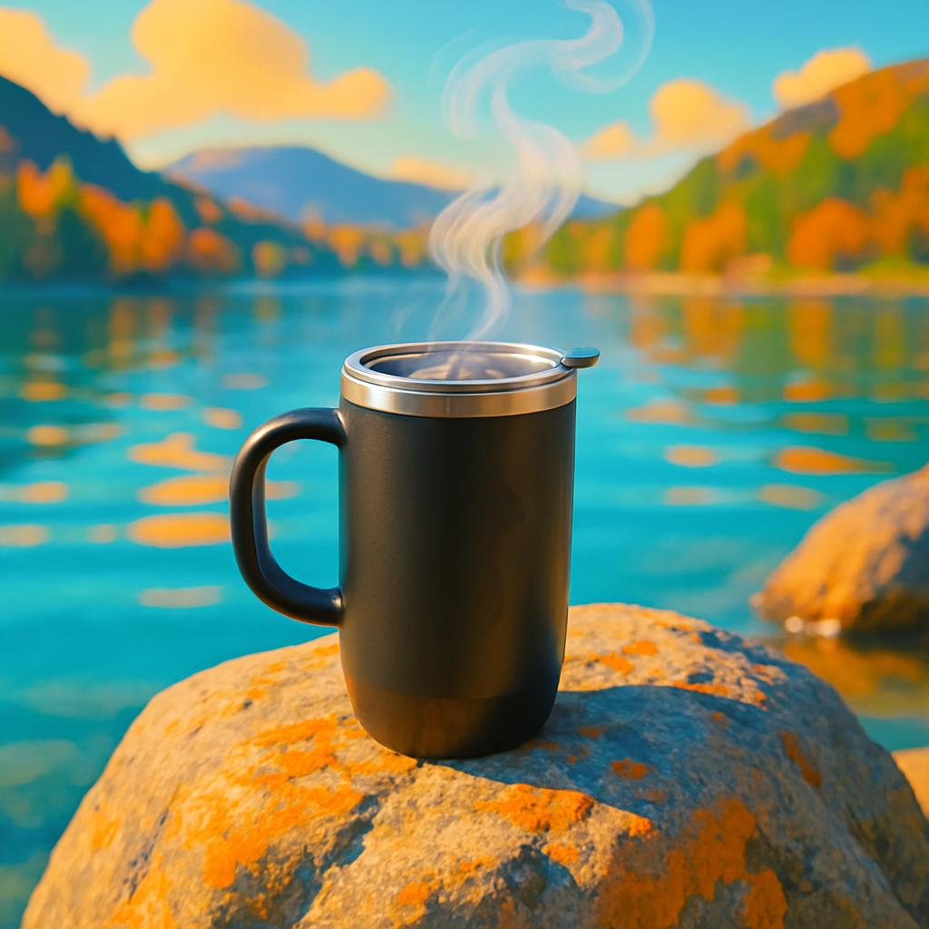A black travel mug sits on a rock by a body of water, with distant mountains visible in the background.