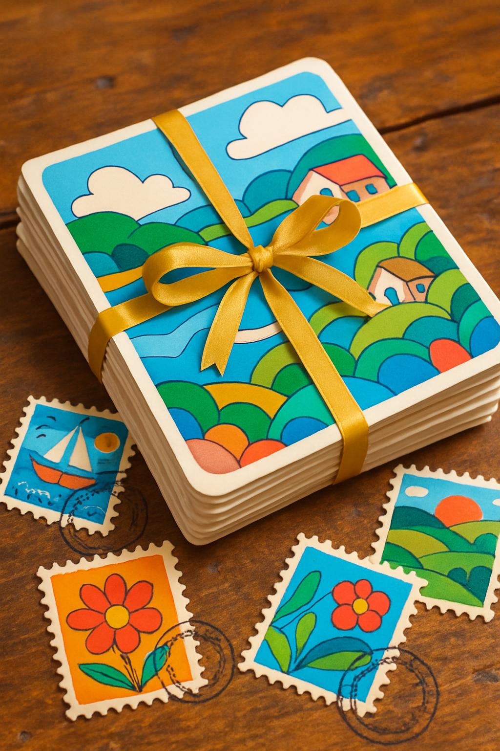 a colorful set of cards and postage stamps stacked beneath a yellow bow on a wooden surface.
