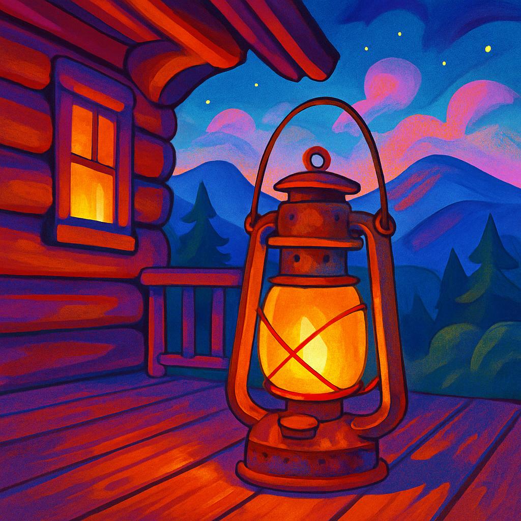 An illustration of a cabin and lantern on a porch at night, with mountains and sky in the background.